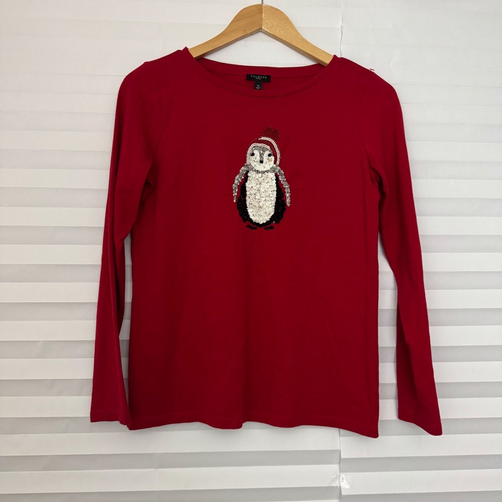 Talbots Petites Red Penguin Sequin Long Sleeve Cotton Tee SP Holiday Christmas